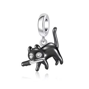 Spooky Black Cat Silver Charm Pendant Halloween